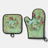 アンティークビクトリアントイルロココスタイルセージグリーン 鍋つかみ&鍋敷きセット (正面)