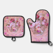 アンティークビクトリアントイルロココスタイルフローラピンク 鍋つかみ&鍋敷きセット (正面)