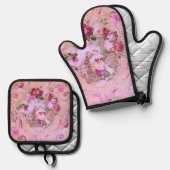 アンティークビクトリアントイルロココスタイルフローラピンク 鍋つかみ&鍋敷きセット (正面/裏面)