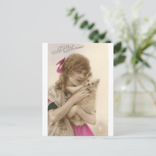 アンティークビクトリアン写真家の女性と犬 ポストカード (スタンド正面)