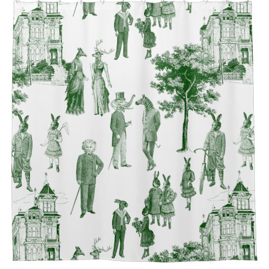 アンティークビクトリアン動物トイルグリーン シャワーカーテン (正面)