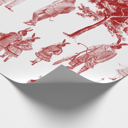 アンティークビクトリアン動物トイル擬人化レッド ラッピングペーパー (角)