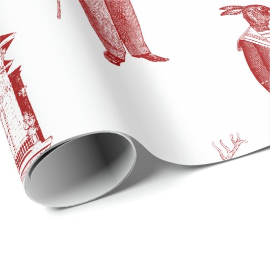 アンティークビクトリアン動物トイル擬人化レッド ラッピングペーパー (ロールコーナー)