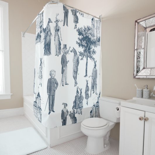 アンティークビクトリアン動物トイル類人体型ブルー シャワーカーテン (インサイチュ)