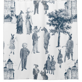 アンティークビクトリアン動物トイル類人体型ブルー シャワーカーテン