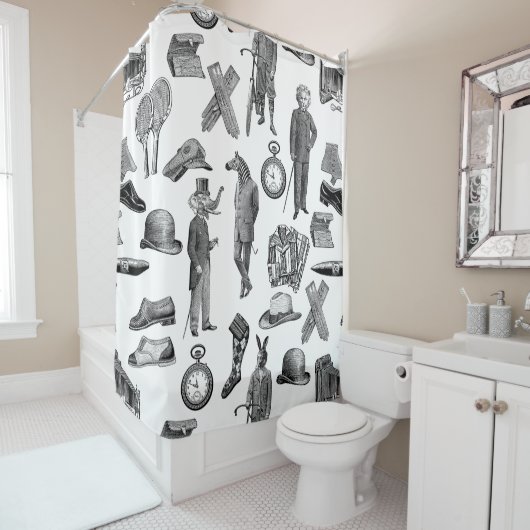 アンティークビクトリアン動物白黒 シャワーカーテン (インサイチュ)