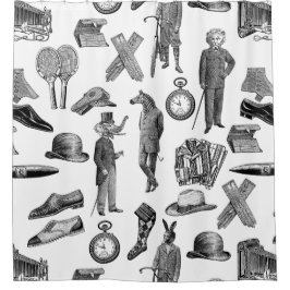 アンティークビクトリアン動物白黒 シャワーカーテン