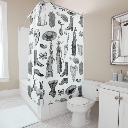 アンティークビクトリアン動物白黒 シャワーカーテン (インサイチュ)