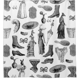 アンティークビクトリアン動物白黒 シャワーカーテン