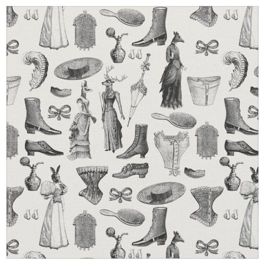 アンティークビクトリアン動物白黒 ファブリック (クローズアップ)