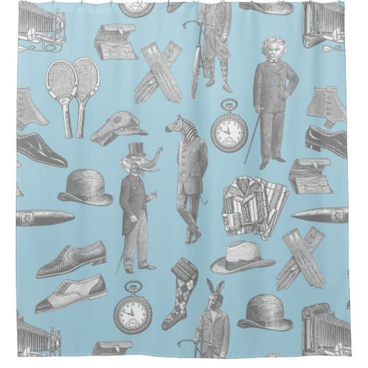 アンティークビクトリアン紳士の動物の青いトイルメン シャワーカーテン (正面)