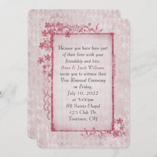 アンティークピンクの輝きフローラフレームの誓の更新 招待状 (正面/裏面)