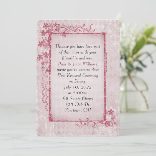 アンティークピンクの輝きフローラフレームの誓の更新 招待状 (スタンド正面)