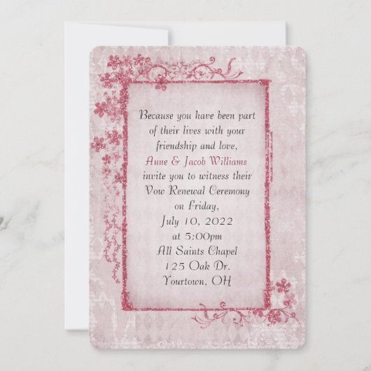 アンティークピンクの輝きフローラフレームの誓の更新 招待状 (正面)