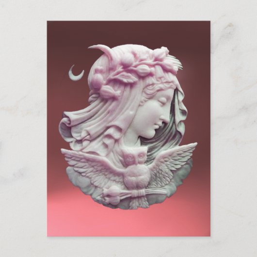 アンティークピンクカメオ、フクロウと夜のムーンレディ ポストカード (正面)