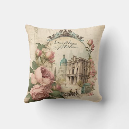 アンティークピンクフローラヴィンテージ自転車フランスのパリ クッション (裏面)