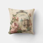 アンティークピンクフローラヴィンテージ自転車フランスのパリ クッション (正面)