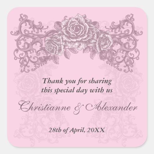 アンティークピンクローズ結婚ズステッカー スクエアシール (正面)