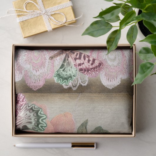 アンティークピンクローゼズ蝶とレース 薄葉紙 (ギフト)