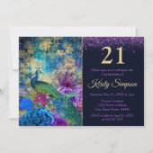 アンティークピ図解入りの、写真付きのーコック&フラワーズ誕生日 招待状 (正面)