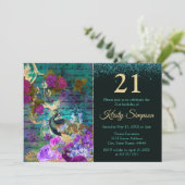 アンティークピ図解入りの、写真付きのーコック&フラワーズ誕生日 招待状 (スタンド正面)