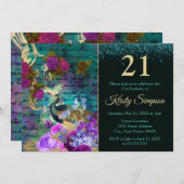 アンティークピ図解入りの、写真付きのーコック&フラワーズ誕生日 招待状 (正面/裏面)