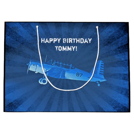 アンティークファイター機カスタムレトロブルー ラージペーパーバッグ (正面)