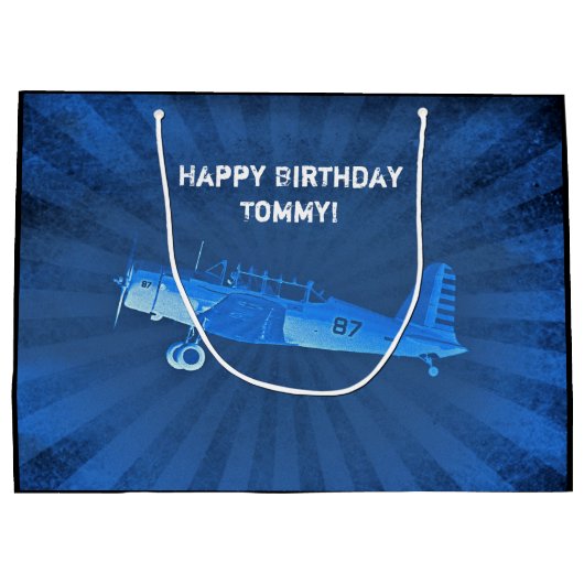 アンティークファイター機カスタムレトロブルー ラージペーパーバッグ (裏面)