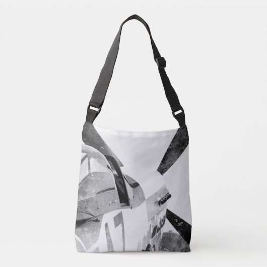 アンティークファイター飛行機B&W クロスボディバッグ (正面)