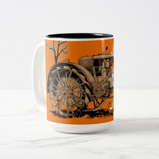 アンティークファームトラクタハロウィーン幽霊カボチャファーム ツートーンマグカップ (正面左)