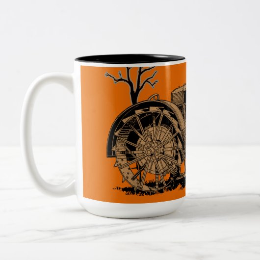 アンティークファームトラクタハロウィーン幽霊カボチャファーム ツートーンマグカップ (左)