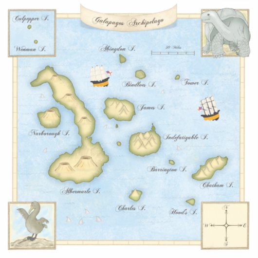 アンティークフェイクガラパゴス諸島の船舶の地図 シール (正面)
