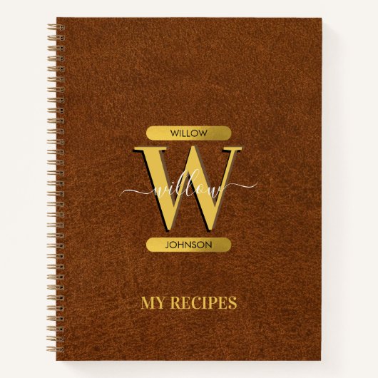 アンティークフェイクレザー&金ゴールドモノグラムレシピ ノートブック (正面)