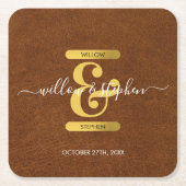 アンティークフェイクレザー&金ゴールドモノグラム結婚ズ スクエアペーパーコースター (正面)