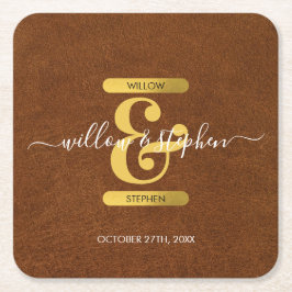 アンティークフェイクレザー&金ゴールドモノグラム結婚ズ スクエアペーパーコースター