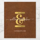 アンティークフェイクレザー&金ゴールドモノグラム結婚ズ ワインラベル (シングルラベル)