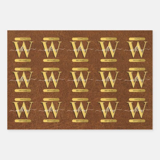 アンティークフェイクレザー&金ゴールドモノグラム誕生日 ラッピングペーパーシート (正面2)