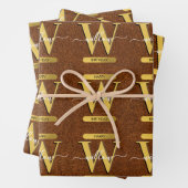 アンティークフェイクレザー&金ゴールドモノグラム誕生日 ラッピングペーパーシート (インサイチュ)