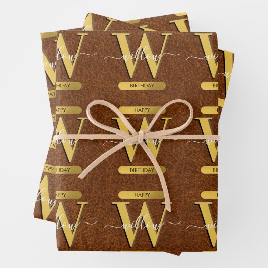 アンティークフェイクレザー&金ゴールドモノグラム誕生日 ラッピングペーパーシート (インサイチュ)