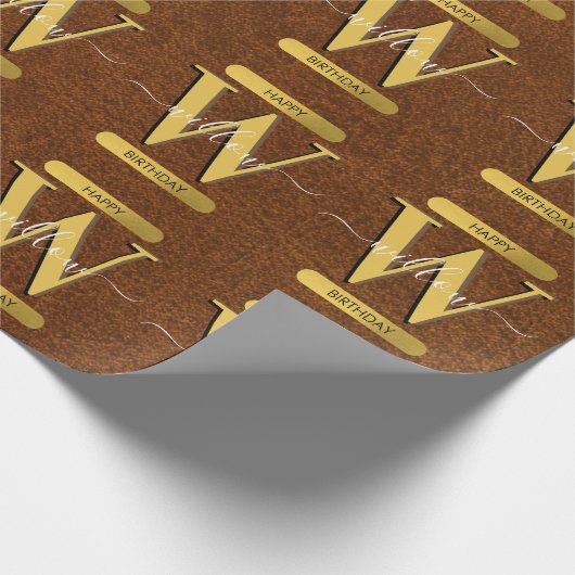 アンティークフェイクレザー&金ゴールドモノグラム誕生日 ラッピングペーパー (角)