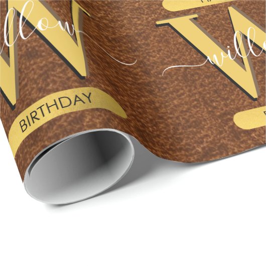 アンティークフェイクレザー&金ゴールドモノグラム誕生日 ラッピングペーパー (ロールコーナー)