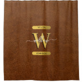 アンティークフェイクレザー&金ゴールドモノグラム シャワーカーテン (正面)