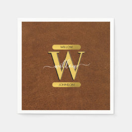 アンティークフェイクレザー&金ゴールドモノグラム スタンダードカクテルナプキン