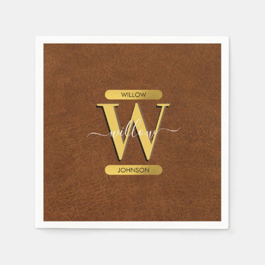 アンティークフェイクレザー&金ゴールドモノグラム スタンダードカクテルナプキン (正面)