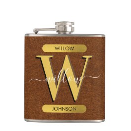 アンティークフェイクレザー&金ゴールドモノグラム フラスク