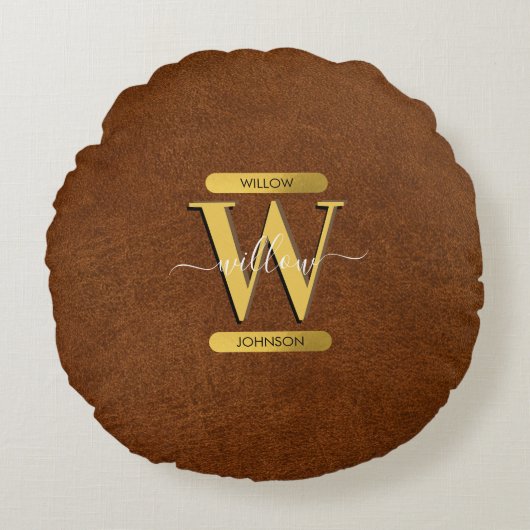 アンティークフェイクレザー&金ゴールドモノグラム ラウンドクッション (正面)