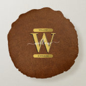 アンティークフェイクレザー&金ゴールドモノグラム ラウンドクッション (裏面)