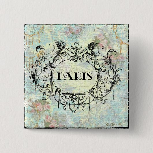 アンティークフランスのスタイルロココデザイン&ピンクローズ 缶バッジ (正面)