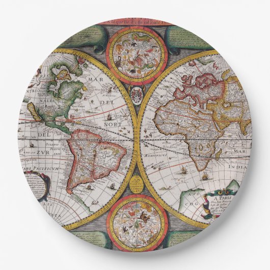 アンティークフランスの世界地図 ペーパープレート (正面)