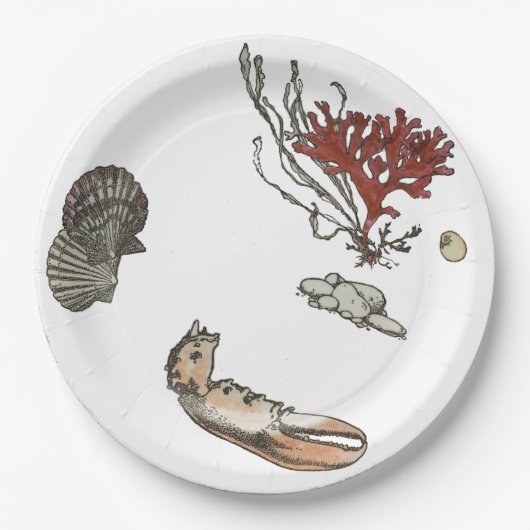 アンティークフランスの磁器サマーロブスターコーラルケープ ペーパープレート (正面)